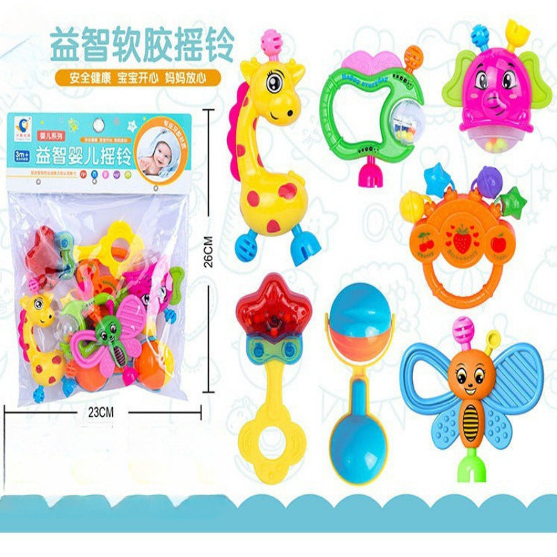 7-Piece set, newborn infant toothpaste soft glue rattle set 0-1 year old baby gift, children's educational plastic toy