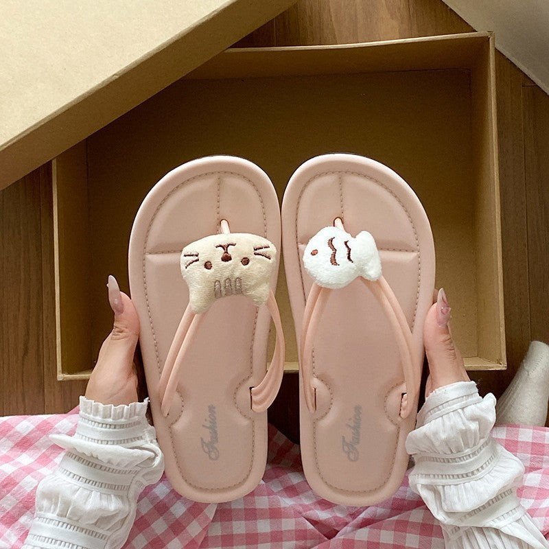 Cute cartoon catfish flip-flops women's outer wear non-slip flip-flops women's soft bottom beach shoes indoor home slippers