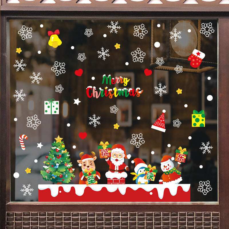 Cheerful Christmas decoration glass door sticker shop window scene arrangement Santa snowman no glue static sticker