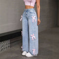 hot selling jeans women's straight-legbowspants street hot girl loose washed jeans