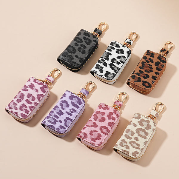 New car key bag Unisex car key storage bag Creative leopard print leather pendant keychain