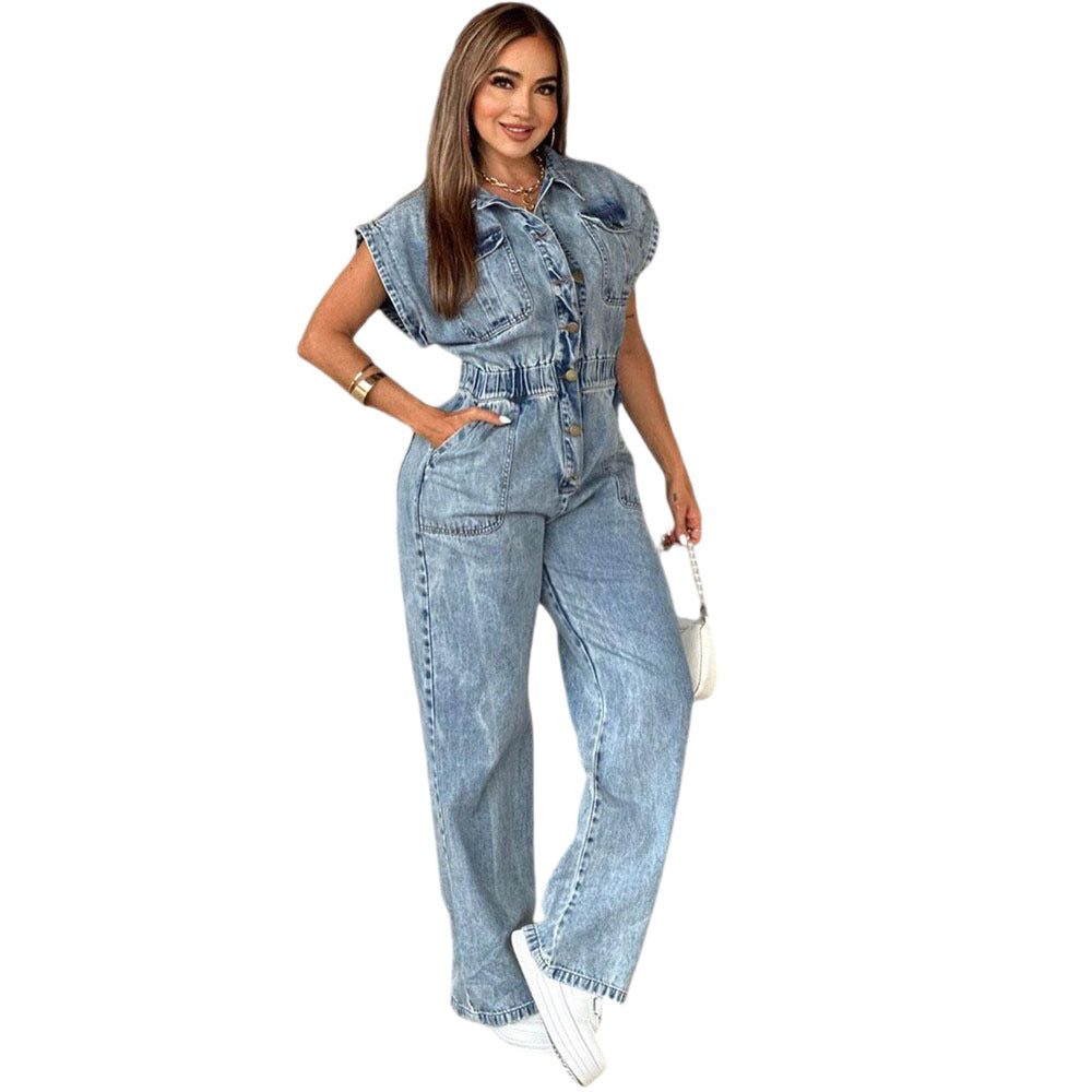 European and american style women's denim jumpsuit -  cross-border fashion - casual loose fit short sleeve washed wide leg romper