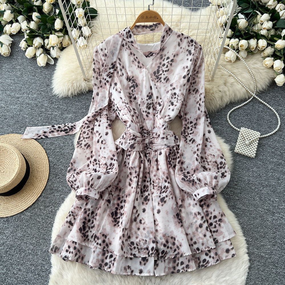 French retroelegancev neck ribbon long sleevesprintingdress women's waist slimming look a line skirt work clothing