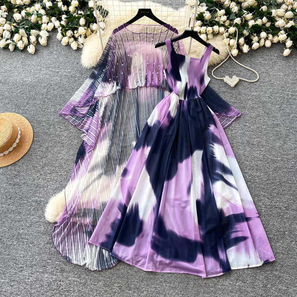 French riviera style printed dress - women's three-quarter sleeve, slim-fit, two-piece summer set with beaded detailing - elegant & professional