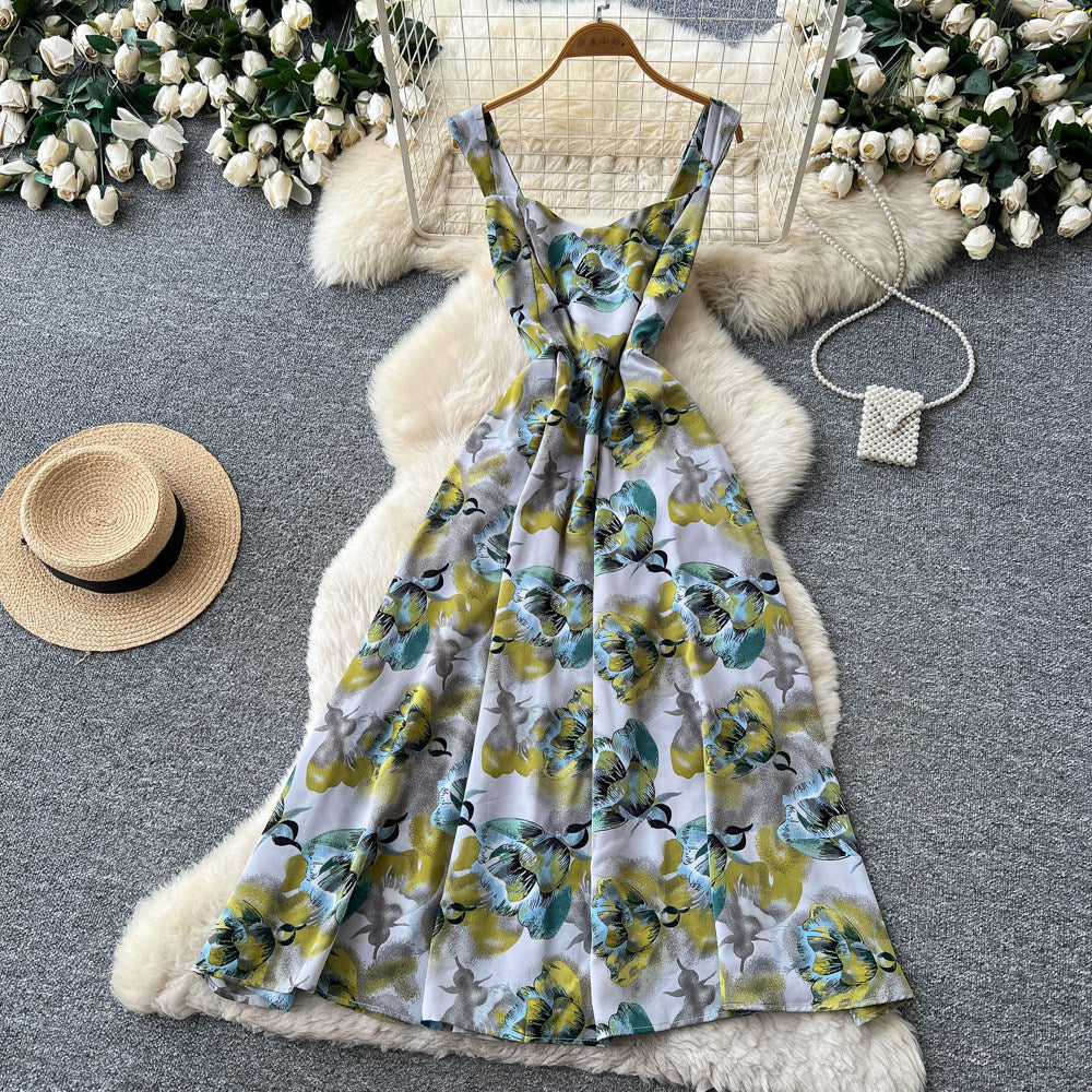 French riviera style red floral print sleeveless dress - women's summer korean high-waisted a-line slimming maxi dress
