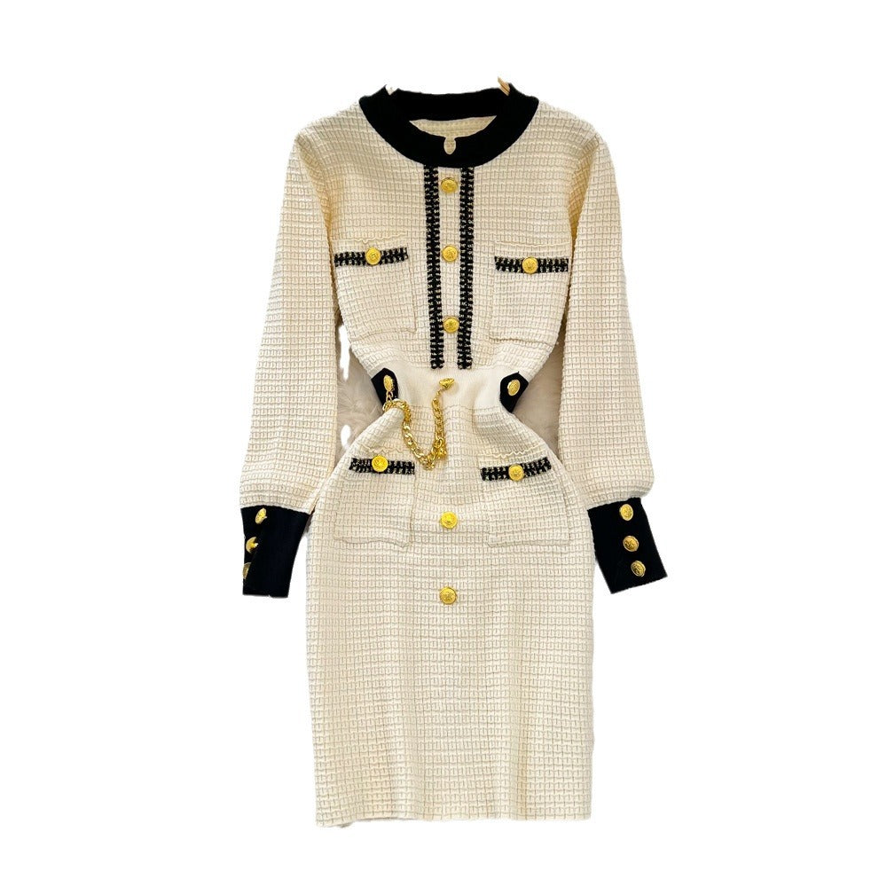 Autumn winter xiaoxiangfeng celebrity elegantcontrast colorlong sleeves round neck waist slimming look longa word knittingdress