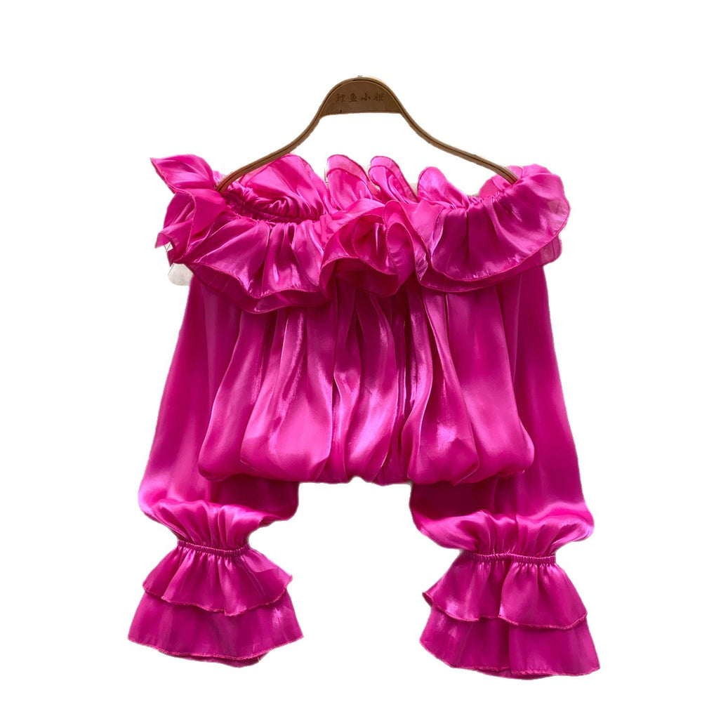 Sweet style one shoulder fungus chiffon shirt women's summerk-stylelong sleeveslooseslimming lookpinkeleganttops
