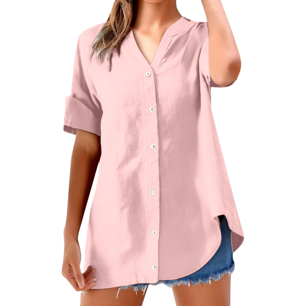 cross-border women's casual solid color stand collar button-down short sleeve shirt top