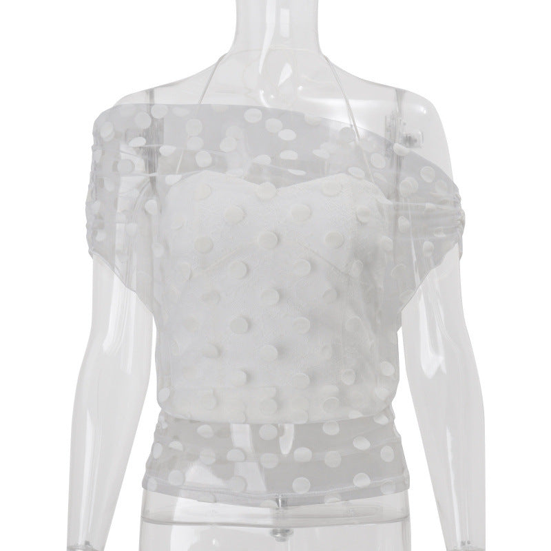 European and american style women's spring  new sexy asymmetrical neck see-through mesh top with halter neck inner vest two-piece set