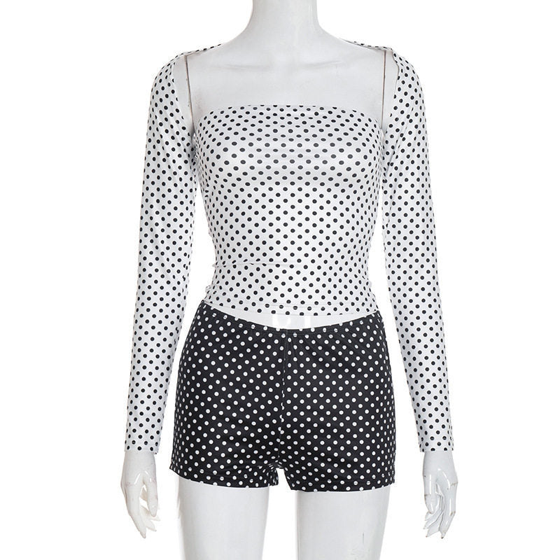 European and american cross-border  women's nightclub style sexy polka dot long sleeve shawl shorts tank top retro three-piece set