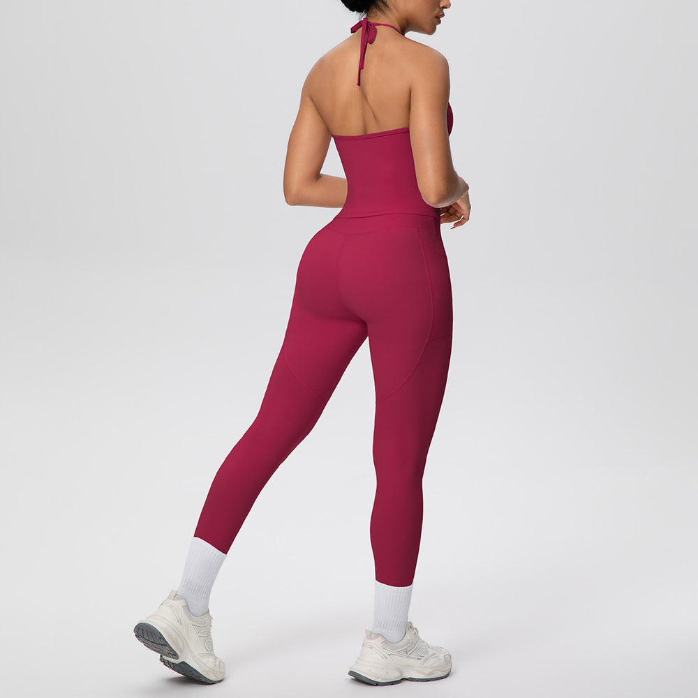 pure color brushed beautiful back tight strap halterflap pocket pants yoga suit sports running fitness two-piece set