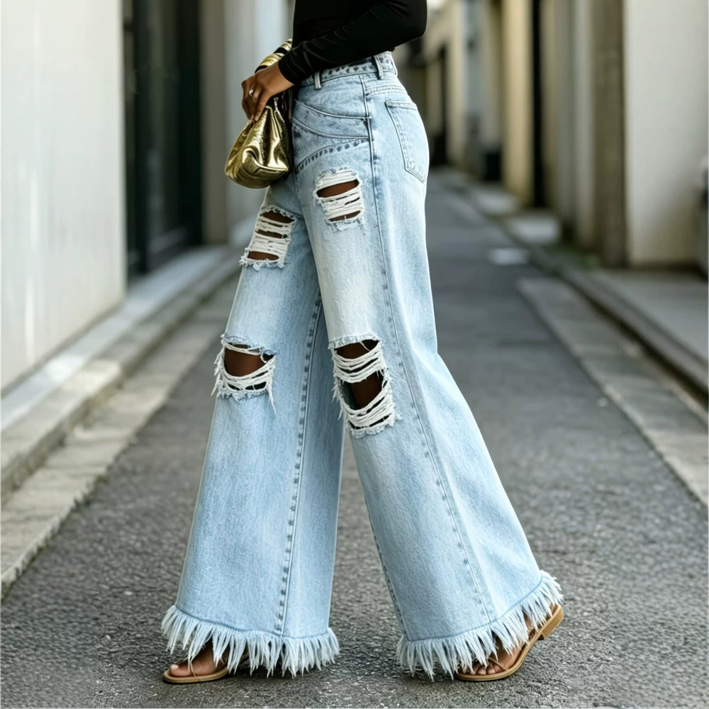 European and american style women's wide leg jeans - hot girl retro washed high waist floor length trendy versatile denim pants