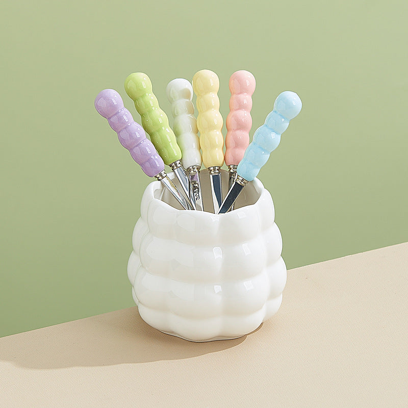 Dopamine color mixing stainless steel fruit forks, high-value afternoon tea dessert fork and spoon set with ceramic storage jar