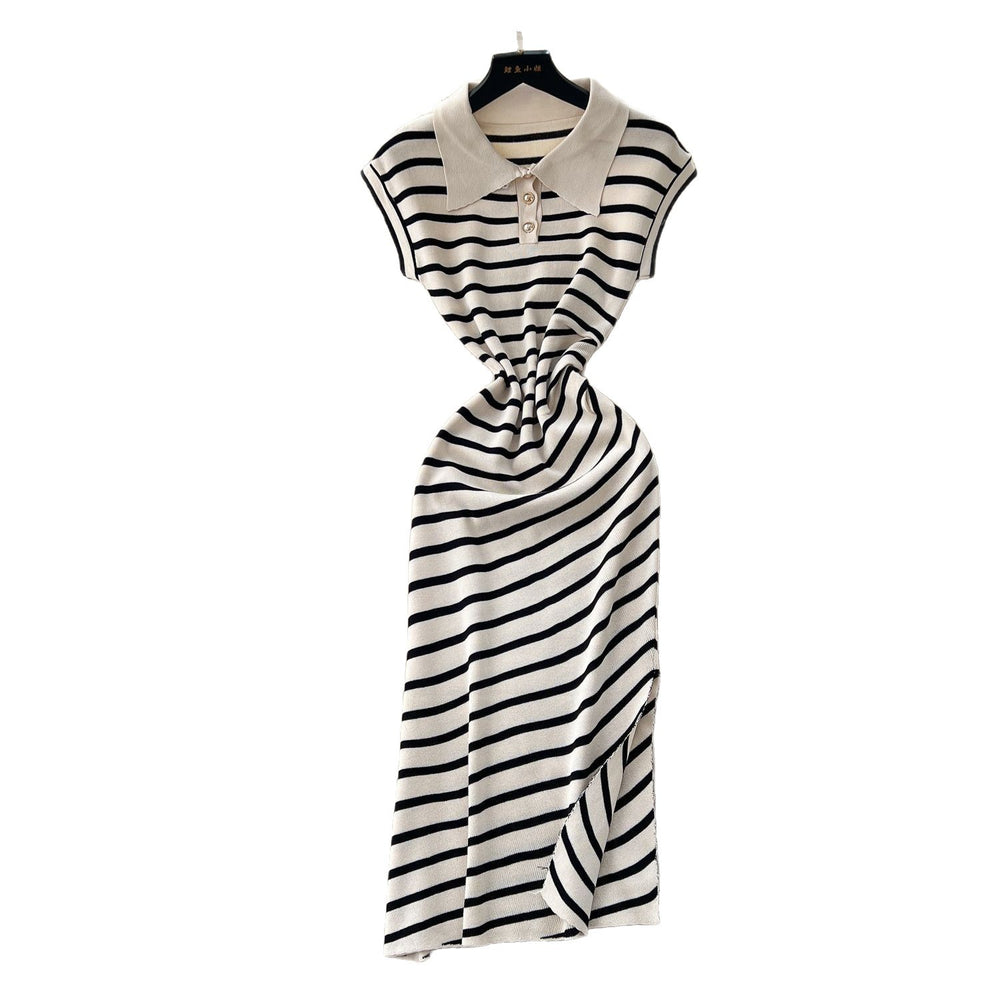 Korean chic summer dress: niche retro polo collar short sleeve striped midi dress - women's slim fit, elegant slit design