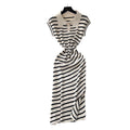 Korean chic summer dress: niche retro polo collar short sleeve striped midi dress - women's slim fit, elegant slit design