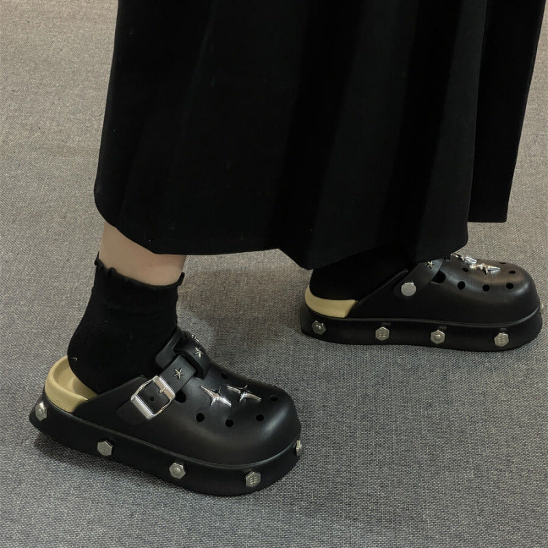 Thick sole heightened toe half slippers women's 2025 new spring lightweight birkenstock slippers outwear crocs women's
