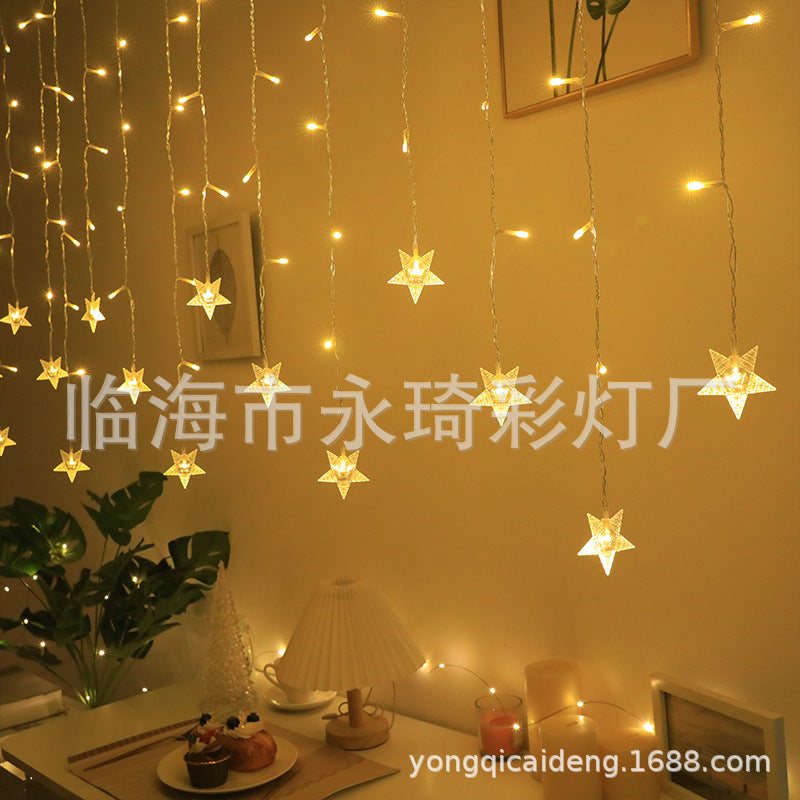Cross-border new LED star curtain lights, ice bar lights, light strings, moon pendant, five-pointed star flashing lights, colorful lights