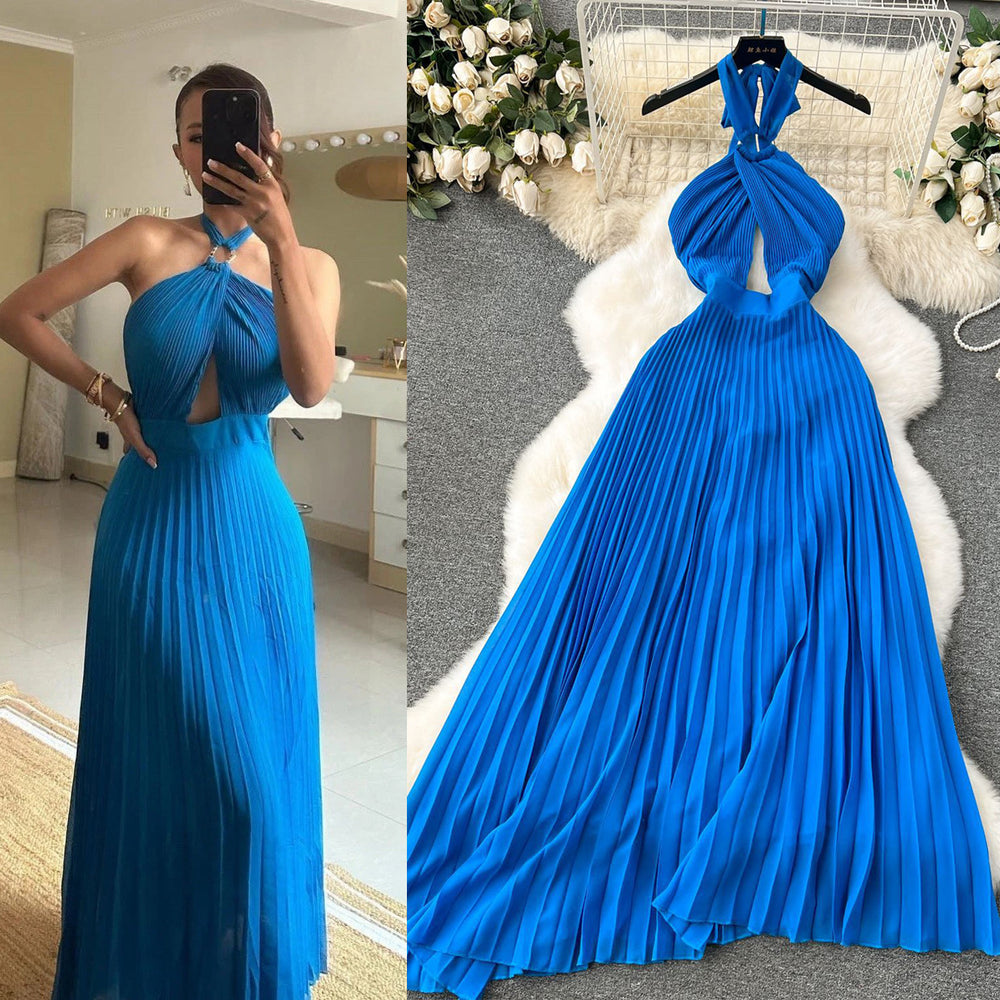 Sanya seaside vacation outfit sexy backless vest cut outhalterdress women's pleated longpleated skirt