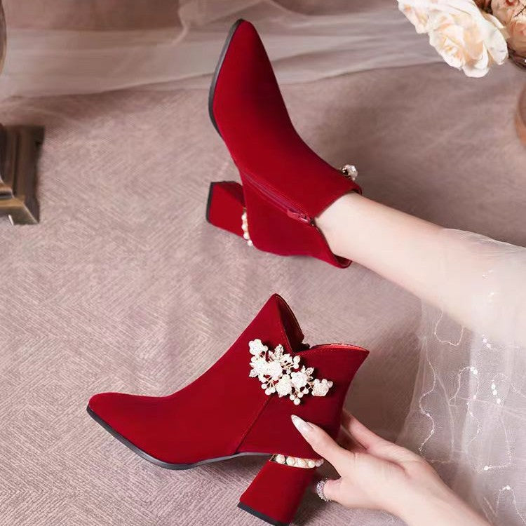 Wedding shoes bridal shoes winter fleece-lined thick heel 2024new arrivalwinter red high heels women's wedding boots not tiring feet