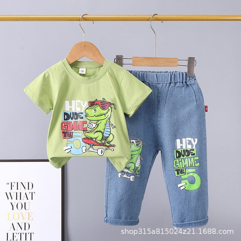 Summer  new arrivals: 0-5 year old kids' cartoon car & animal print crewneck short sleeve & denim pants two-piece cotton set