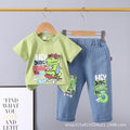 Summer  new arrivals: 0-5 year old kids' cartoon car & animal print crewneck short sleeve & denim pants two-piece cotton set