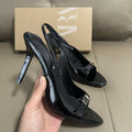 Spain 2025 summer new one-strap stiletto heel cut-out sandals - black patent leather effect, pointed toe, open toe
