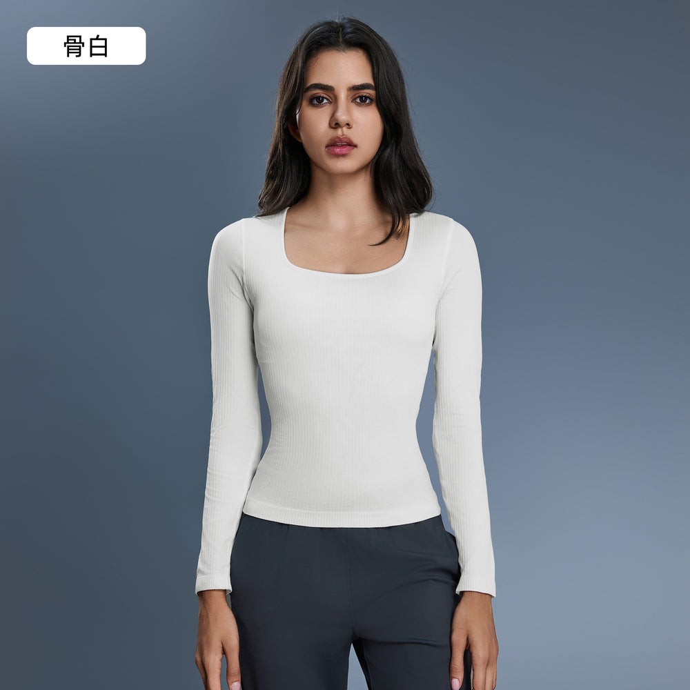 Women's yoga top with built-in bra pads, long sleeve square neck slimming base layer top for autumn - d25176