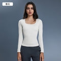 Women's yoga top with built-in bra pads, long sleeve square neck slimming base layer top for autumn - d25176