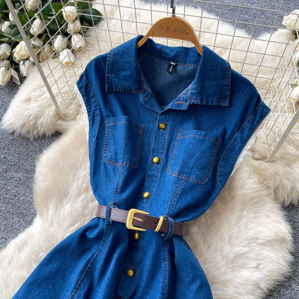 Frenchwork clothing style sleeveless denim dress women's summer lazy waist a-line skirt slimming lookelegant mid-length skirt