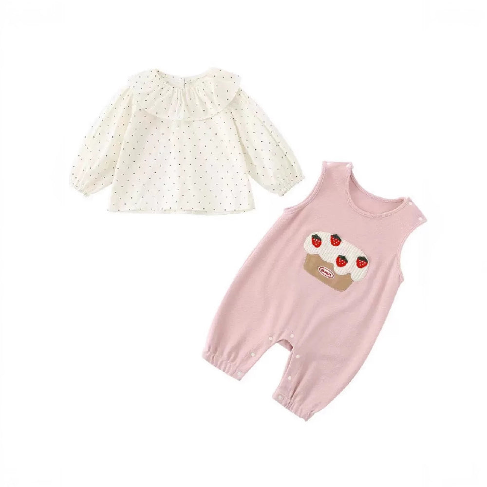 Infant and toddler clothing, spring and autumn outfits, baby girl sets, cute cartoon strawberry overalls two-piece set with polka dot peter pan collar