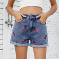 Fashion cross-border foreign trade women's new style  independent station washed versatile cherry embroidered denim shorts hot pants