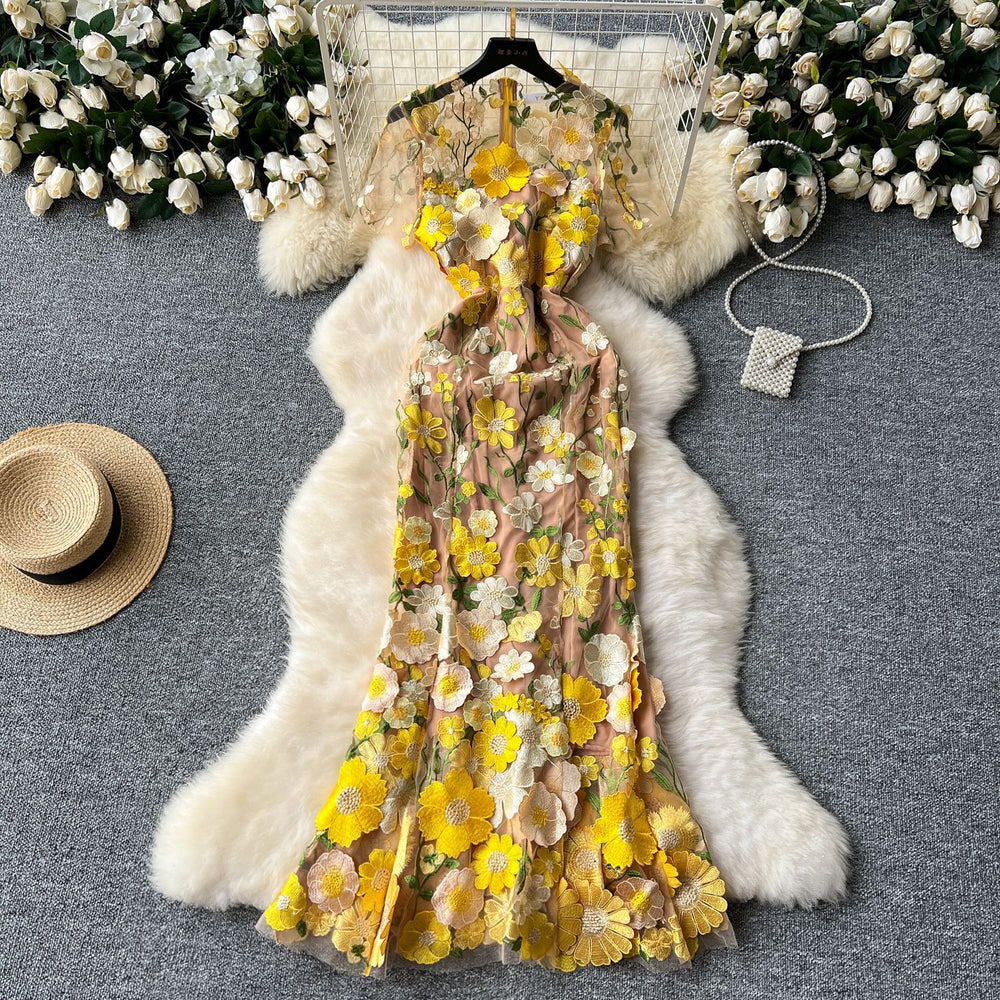 Evening party high-end formal dress women's long dress european and american style 3d floral embroidery slimming mermaid tail