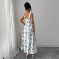autumn european and american  cross-border e-commerce new solid color sleeveless square neck printed backless slit dress