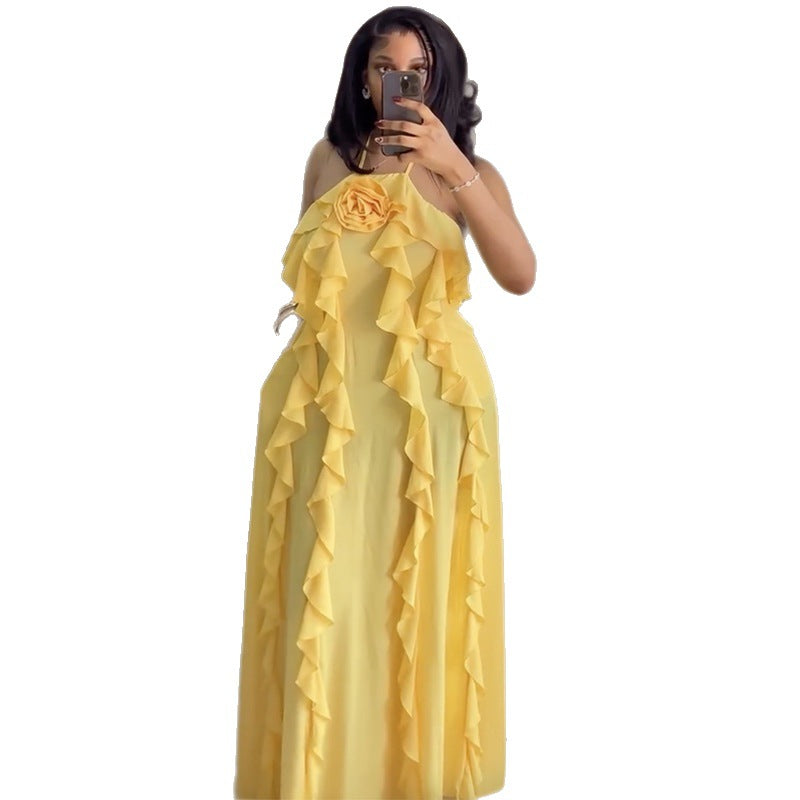 European and american cross-border women's fashion:  spring new arrival - elegant halter neck sleeveless ruffle trim cami dress with 3d floral appliqués