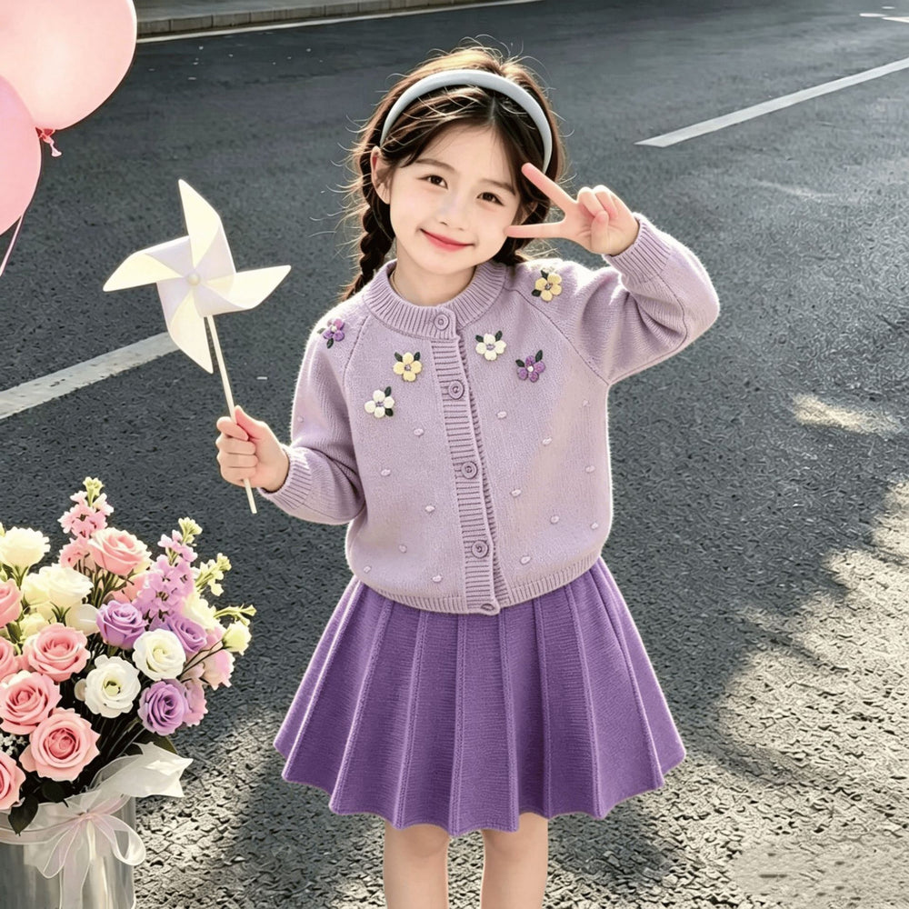 Girls' sweater set: korean style 3d floral purple knit cardigan,  trendy long-sleeve two-piece sweater set