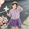 Girls' sweater set: korean style 3d floral purple knit cardigan,  trendy long-sleeve two-piece sweater set