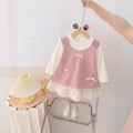 Baby girl autumn chic bowknot tank top faux two-piece dress,  new korean style lace trim dress for girls