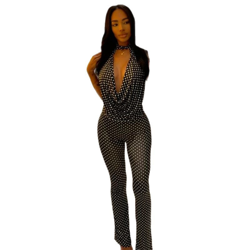 European and american style cross-border printed polka dot women's fitted fashion jumpsuit - swing neck sleeveless loose fit comfortable long romper