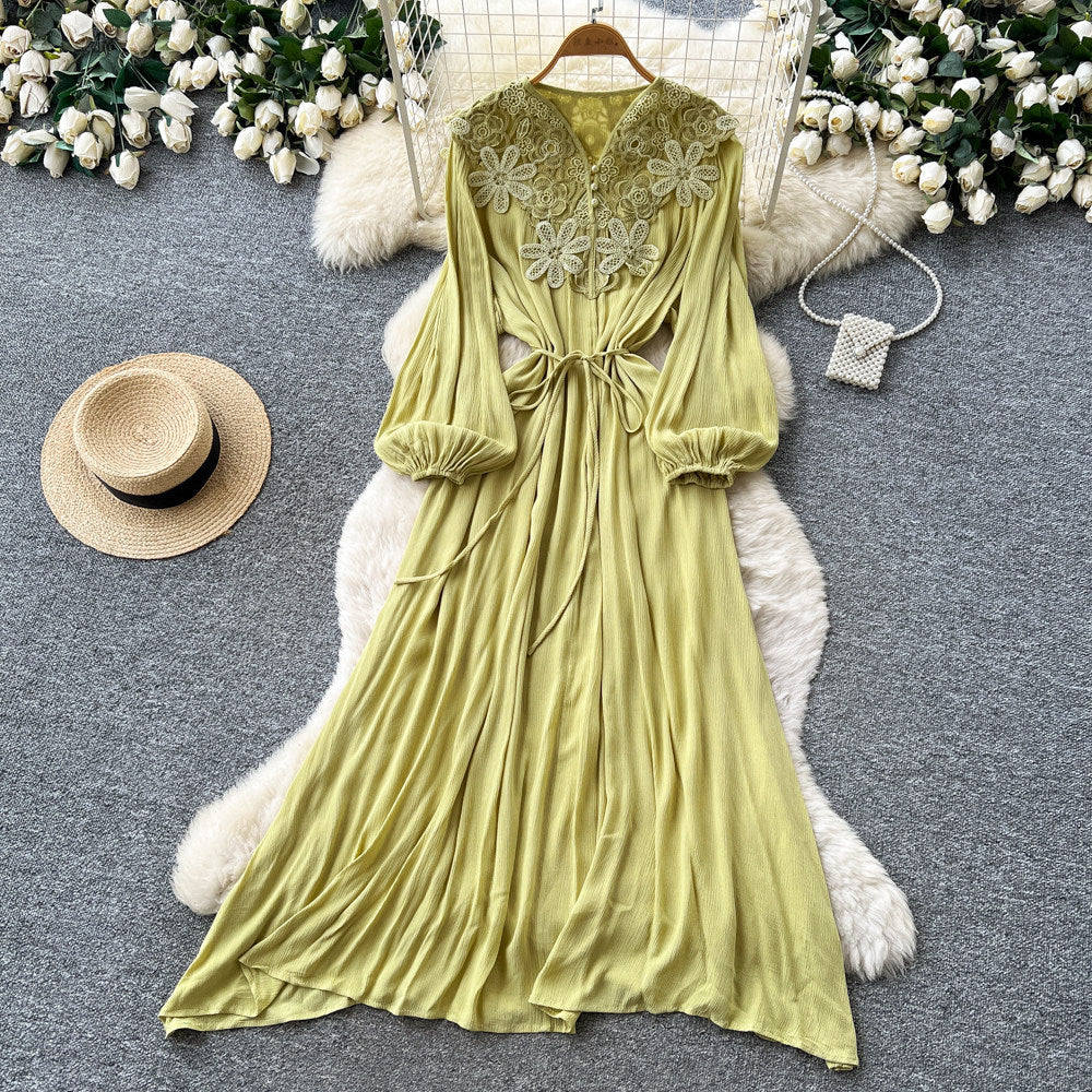 Retroelegance style lantern sleeve v necklacepatchworkdress female k-style waist slimming lookelegant long skirt