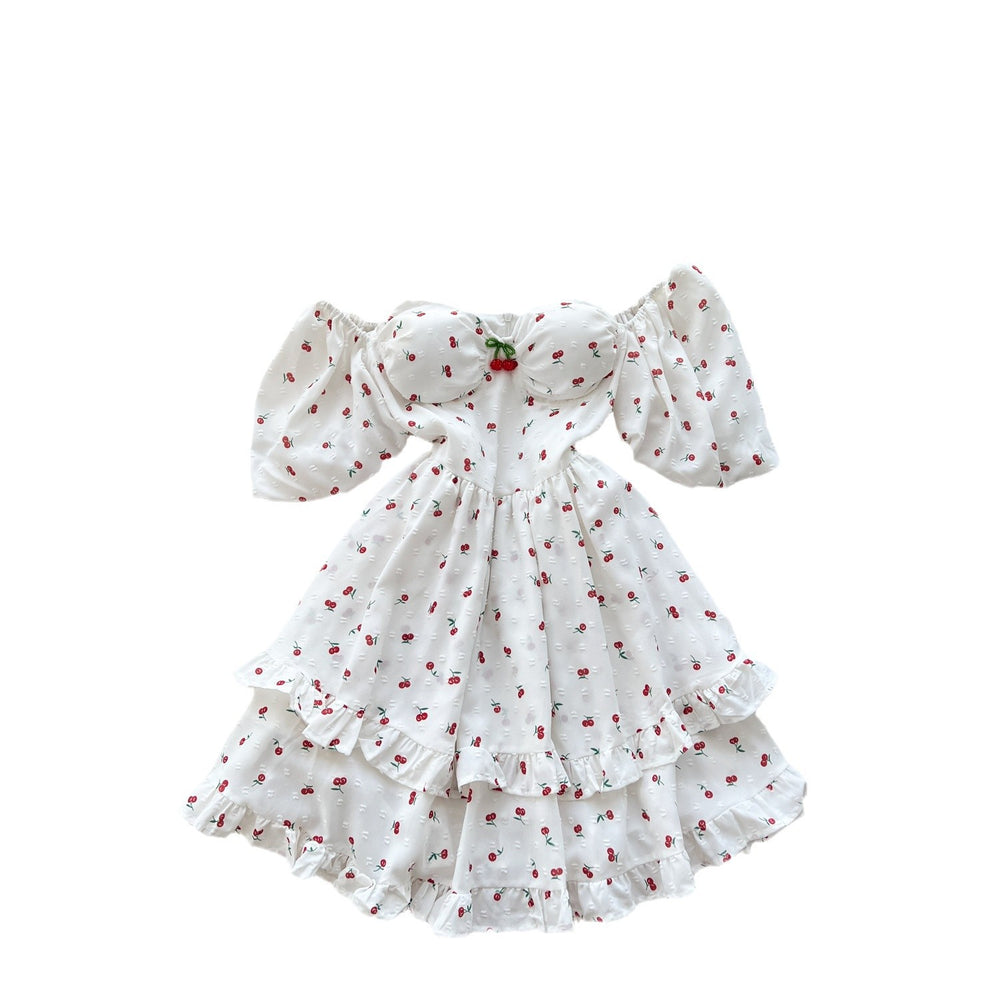 spring/summer sweet one-shoulder cami dress with bubble short sleeves, cherry print, cinched waist, and ruffle hem