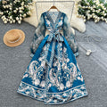 Palace retro design cross v neck mesh lantern sleeves strappy waist printing large swing puffy fashiondress
