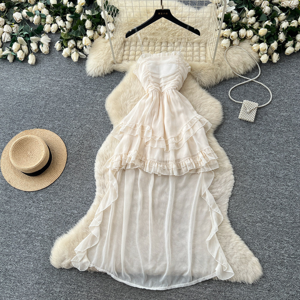 French riviera style printed bandeau dress - women's summer princess style sweet ruffle tiered fairy dress