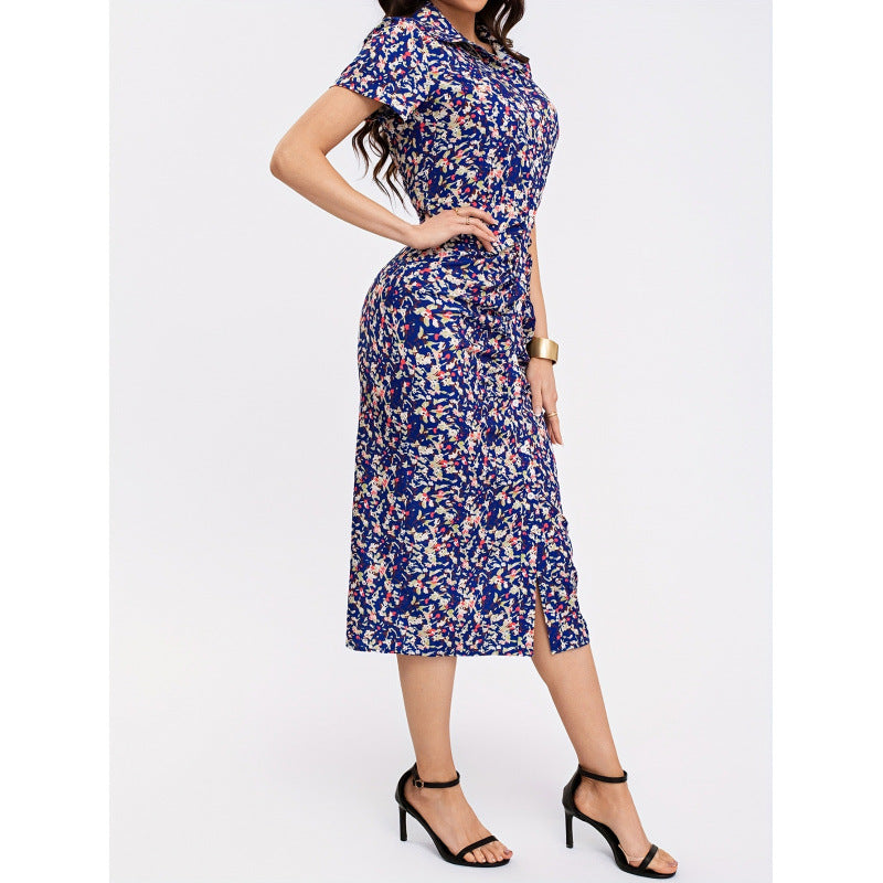 cross-border listing: new  original women's elegant floral print ruched short-sleeve dress