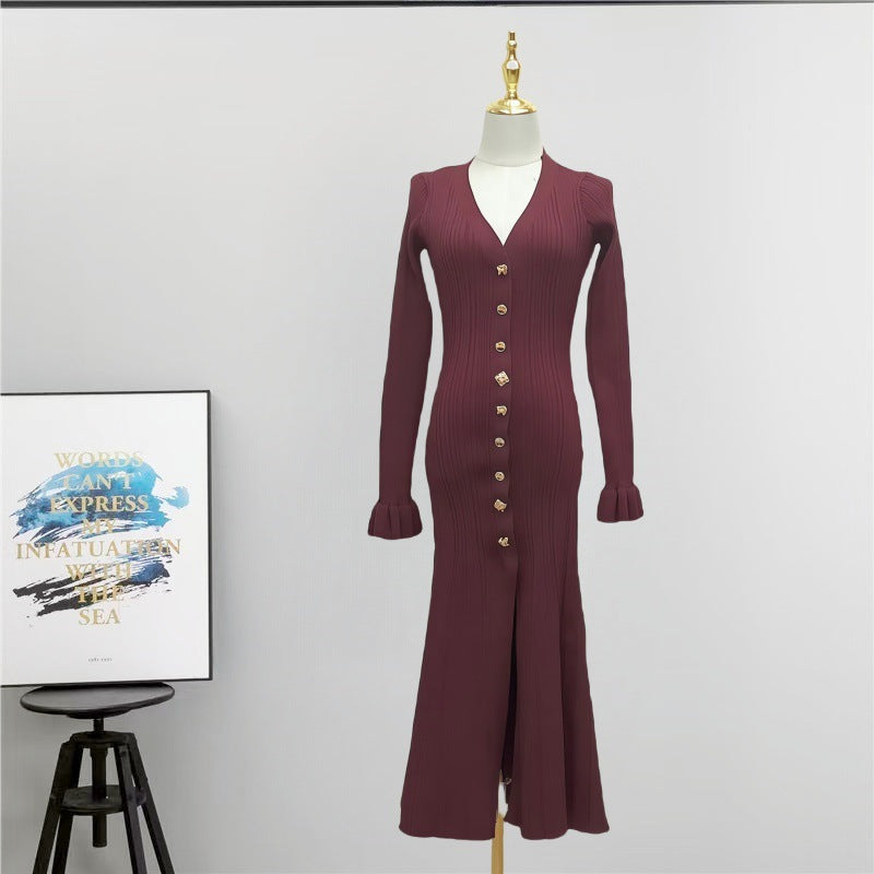 Export fall and winternew arrivalknittingdresseleganceelegant socialite single breasted silmslimming lookmermaid long skirt