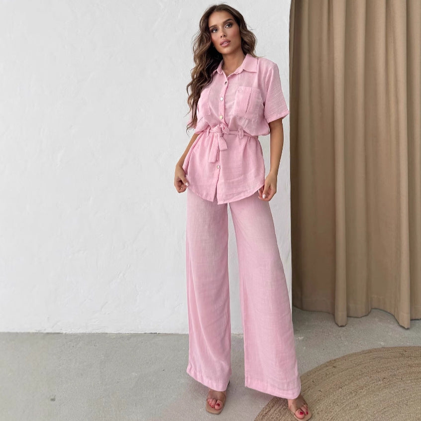 Cross-border European and American women's clothing lapel slim strap cardigan shirt high waist wide leg trousers  solid color two-piece set women