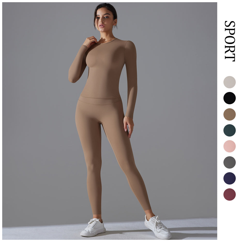 new arrival brushed nylon long sleeves yoga clothes high elastic naked tight sports suit running fitness two-piece set