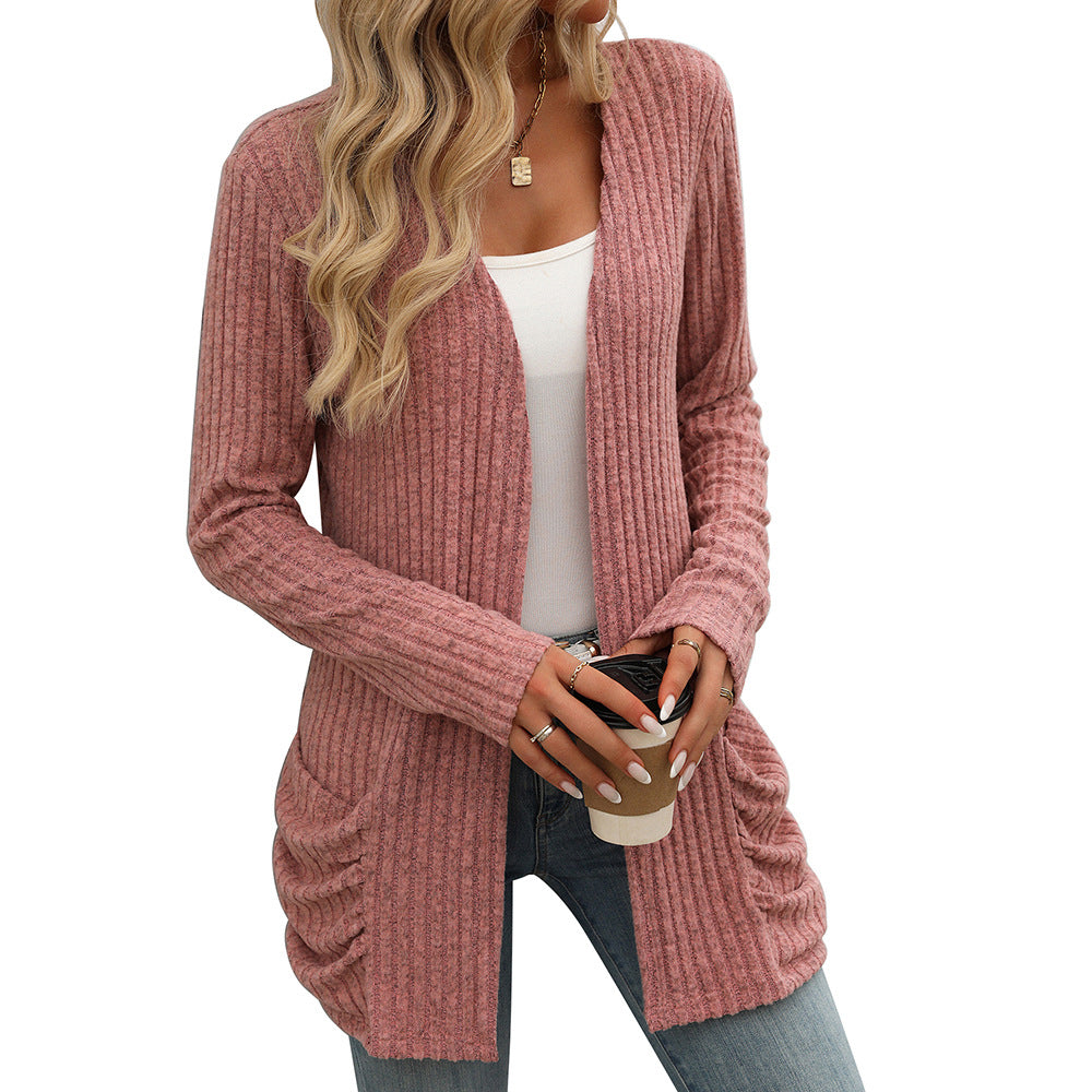 Europe, America,   2024 autumn and winter new solid color pit strip abraded pocket cardigan long-sleeved jacket women