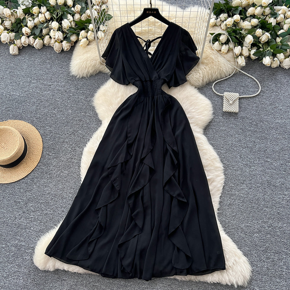 Summer women's niche design criss-cross v-neck flutter sleeve cinched waist chiffon dress - ethereal ruffle maxi dress