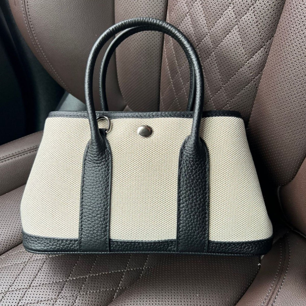 Top-grain leather niche styleclassy women's genuine leather satchel bag large capacity canvas contrast color garden tote bag