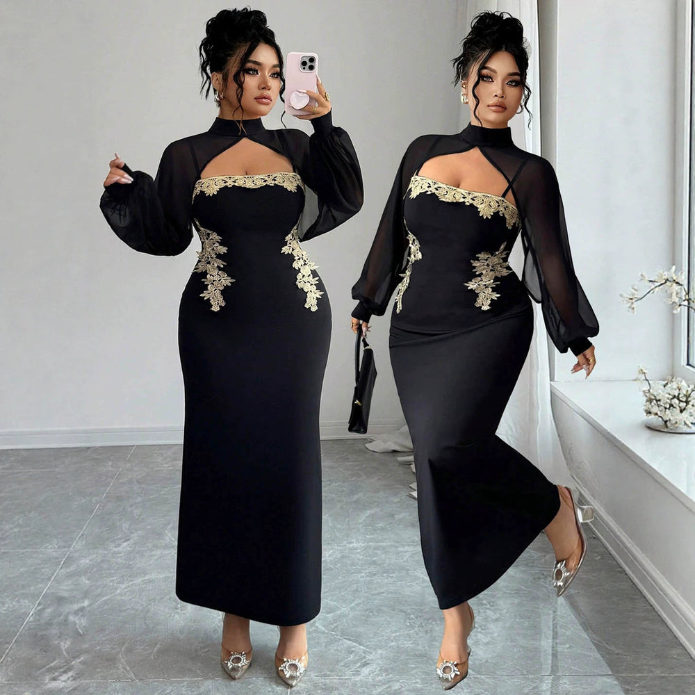 Exportaccessible luxury styleplus size dress skirt mesh long sleeves hollow out chest gold thread embroider waist slimming look fishtail style